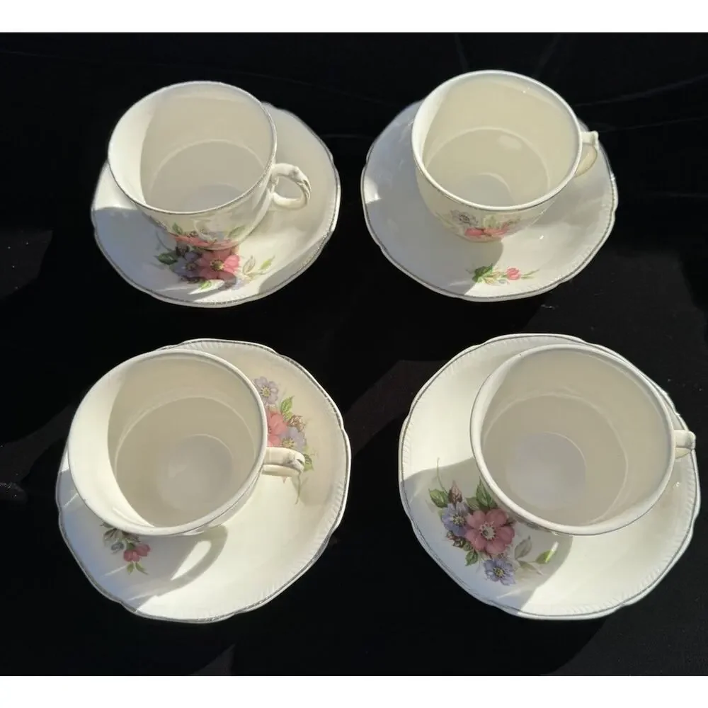 RARE Vintage Royal Swan Staffordshire England 22K Set 4 Tea Cups & Saucers -S88